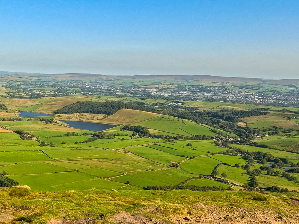 Looking down at Upper and Lower Black Moss Reservoirs and Barley from the summit of Pendle Hill